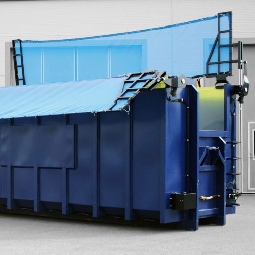 blue skip bin with double cover